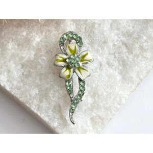 Green Floral Swirly Art Nouveau Silver Toned Vintage Costume Jewelry Brooch